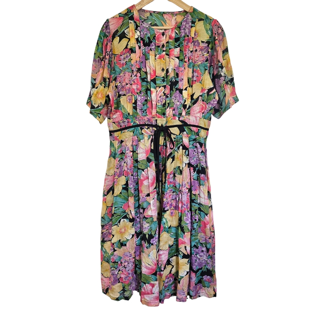 Vintage Floral Pleated Button Front Midi Dress